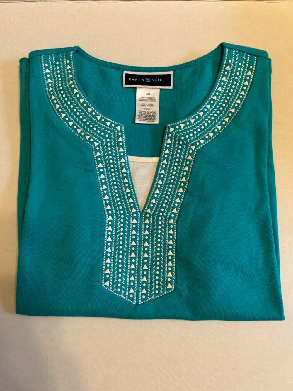 Karen Scott embroidered and studded t-shirt with white faux-camisole-Size Large